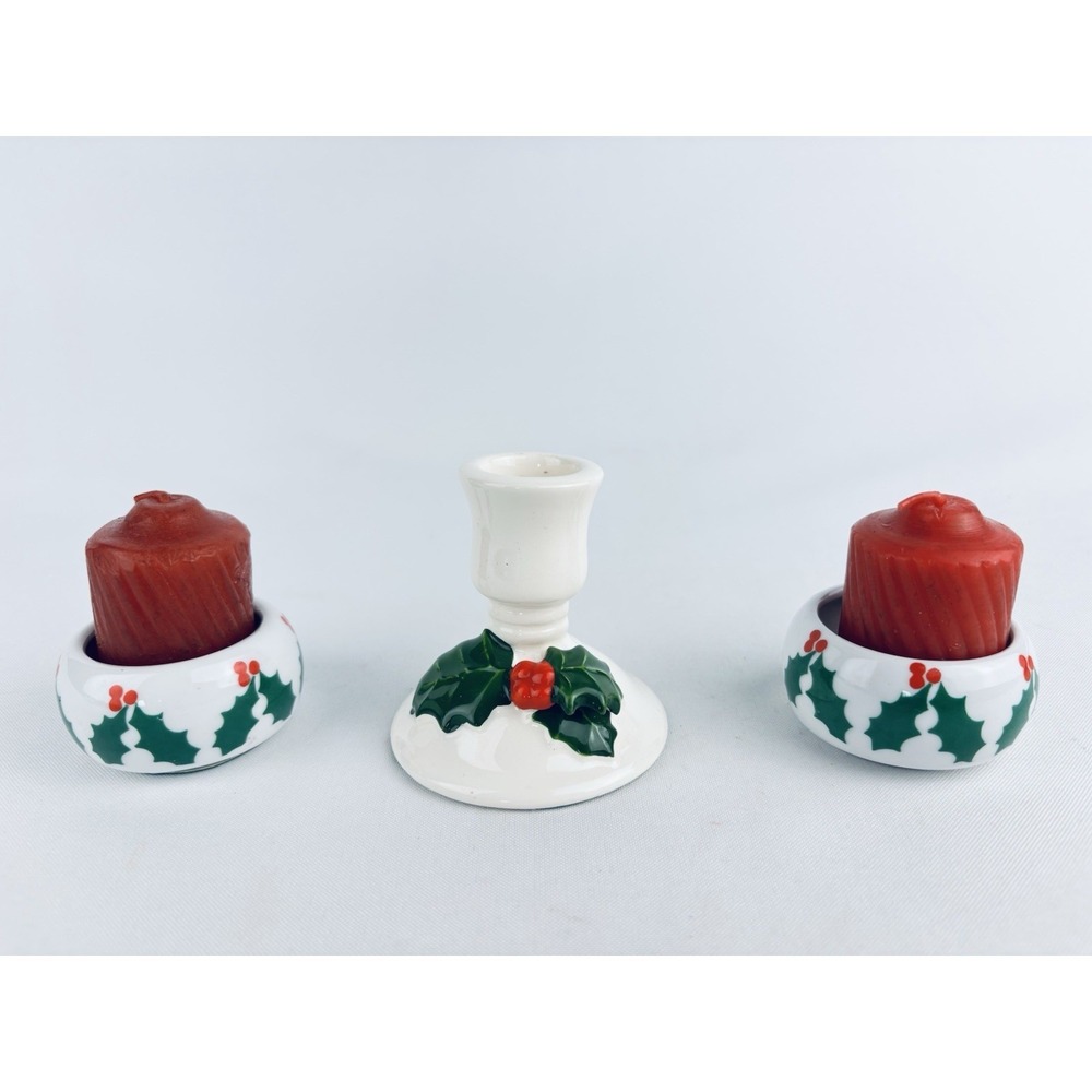 Vintage Holly Ivy‎ Taper Candlestick Holders Christmas Decor - Lot Of 3 -